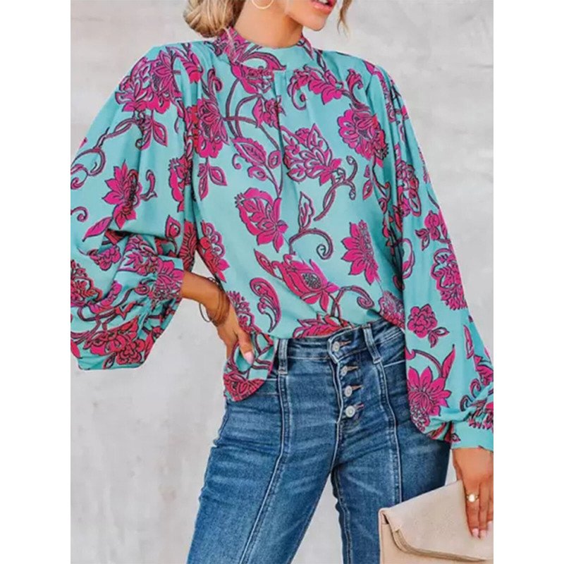 Allover Flower Print Lantern Sleeve Stand Collar Blouse