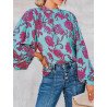 Allover Flower Print Lantern Sleeve Stand Collar Blouse