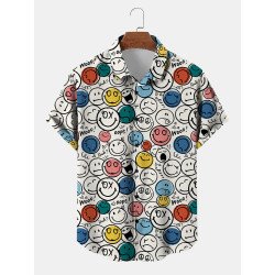 Mens Allover Cartoon Smile Face Print Lapel Short Sleeve Shirts