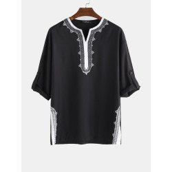 Mens Ethnic Style Stitching Print Cropped Half Sleeve Shirts