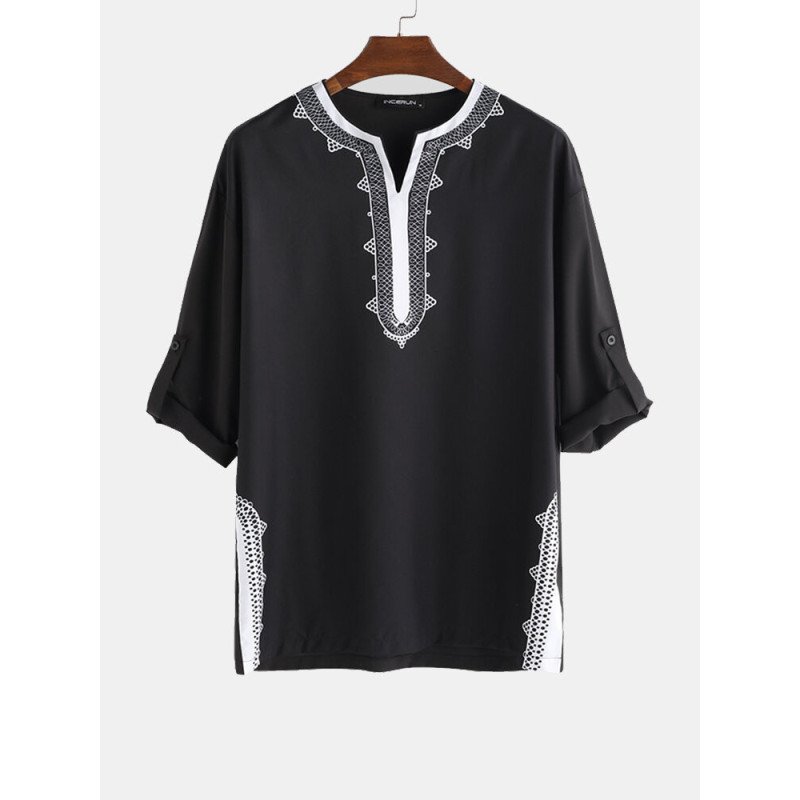 Mens Ethnic Style Stitching Print Cropped Half Sleeve Shirts