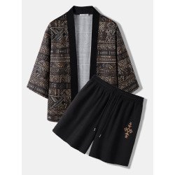 Mens Ethnic Tribal Geometric Pattern Loose Kimono Two Pieces Outfits