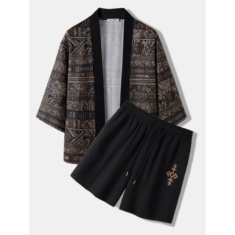 Mens Ethnic Tribal Geometric Pattern Loose Kimono Two Pieces Outfits