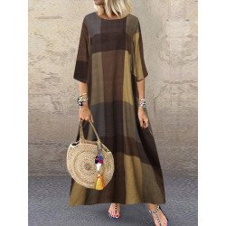 Check Pattern Crew Neck 3/4 Sleeve Casual Dress