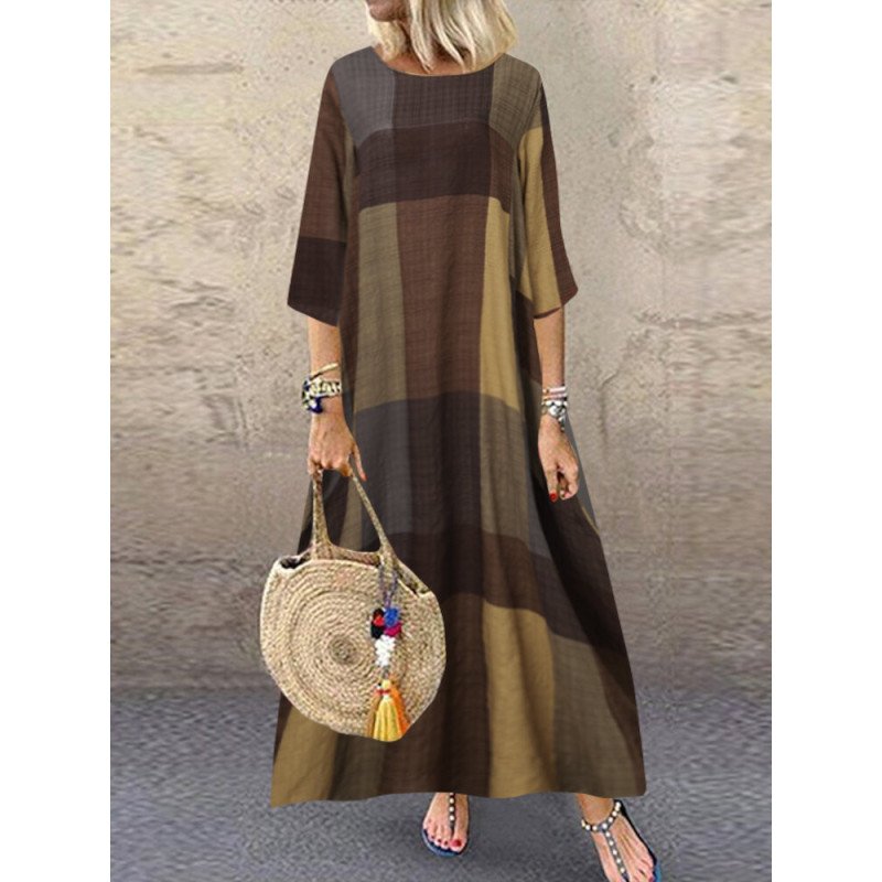 Check Pattern Crew Neck 3/4 Sleeve Casual Dress