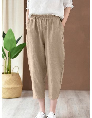 Solid Elastic Waist Pocket Haren Pants For Women
