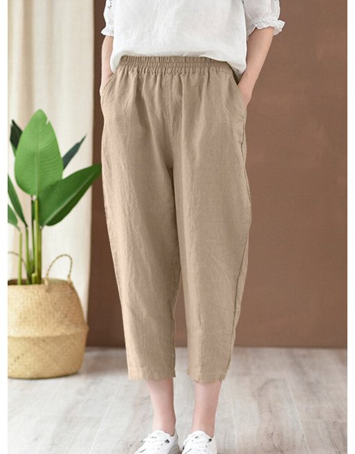 Solid Elastic Waist Pocket Haren Pants For Women