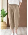 Solid Elastic Waist Pocket Haren Pants For Women