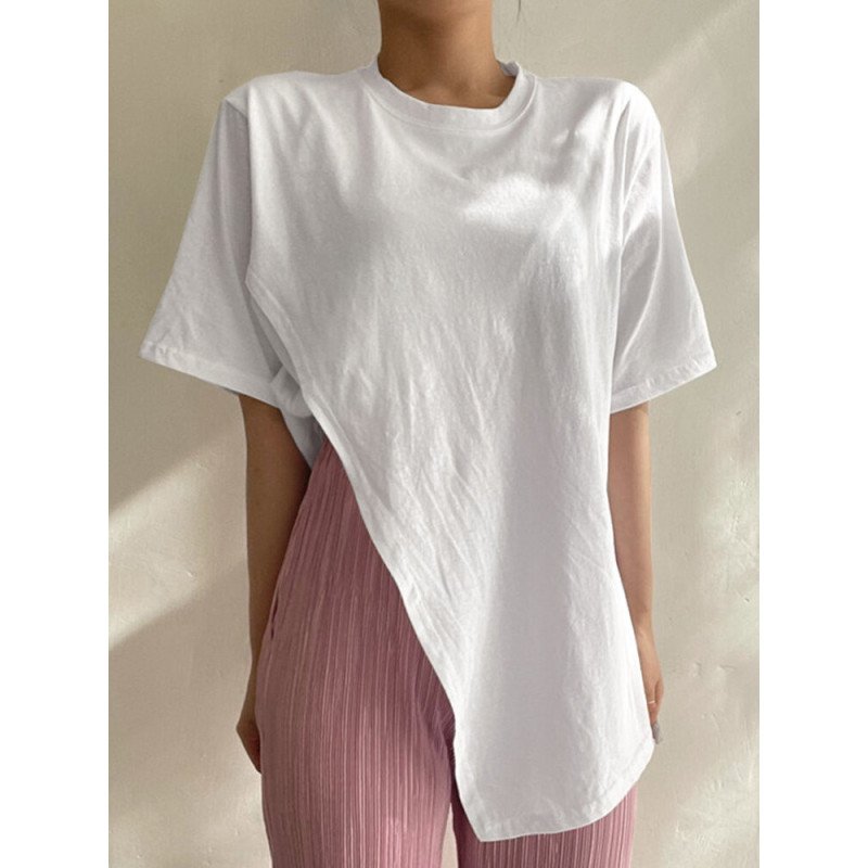 Leisure Solid Asymmetrical Split Short Sleeve Round Neck T-Shirt