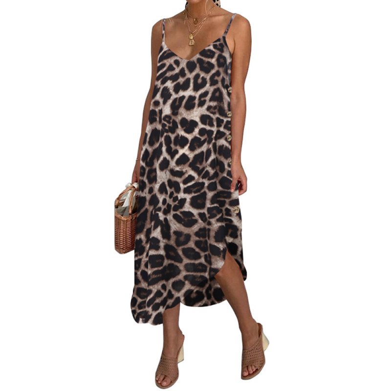 Sexy Leopard Print Strap Sleeveless V-Neck Button Asymmetrical Dress