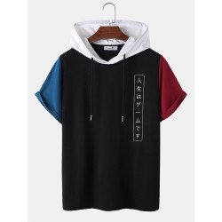 Mens Japanese Print Patchwork Short Sleeve Hooded T-Shirts