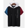 Mens Japanese Print Patchwork Short Sleeve Hooded T-Shirts