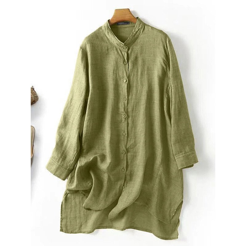 Women Solid High-low Hem Long Sleeve Casual Blouse