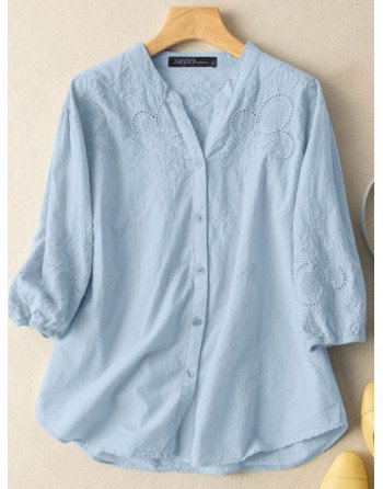 Women Floral Jacquard Stand Collar Button Up Cotton Shirt