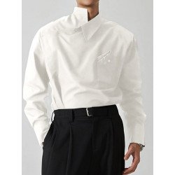 Mens Irregular Oblique Button Design Solid Long Sleeve Shirt