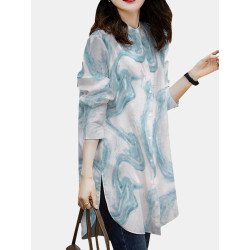 Marble Pattern Slit Hem Loose Button Front Blouse