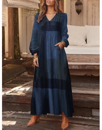 Plaid Print Pocket V-neck Long Sleeve Maxi Vintage Dress