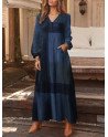 Plaid Print Pocket V-neck Long Sleeve Maxi Vintage Dress