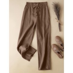 Solid Drawstring Waist Pocket Straight Leg Casual Pants