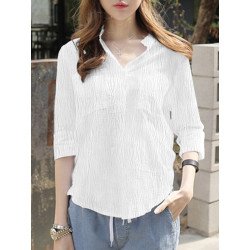 Women Solid 3/4 Sleeve Pocket Stand Collar Blouse
