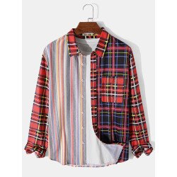 Mens Colorful Striped & Plaid Patchwork Lapel Long Sleeve Shirts