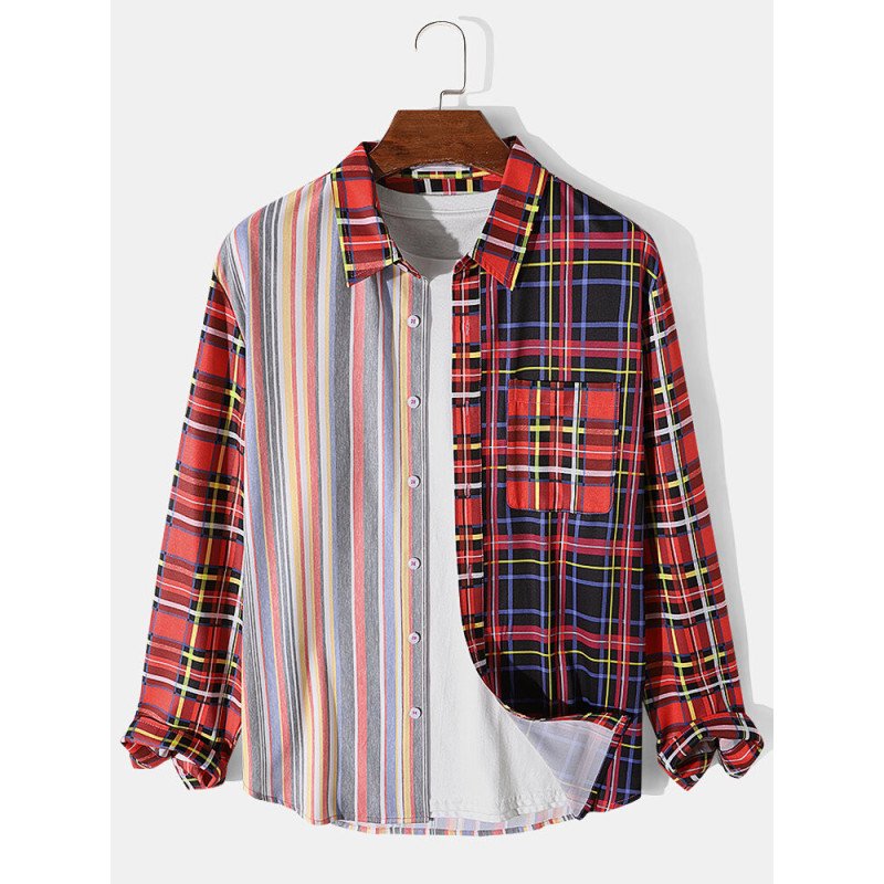 Mens Colorful Striped & Plaid Patchwork Lapel Long Sleeve Shirts