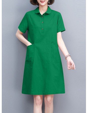 Solid Dual Pocket Short Sleeve Lapel Casual Shirt Dress