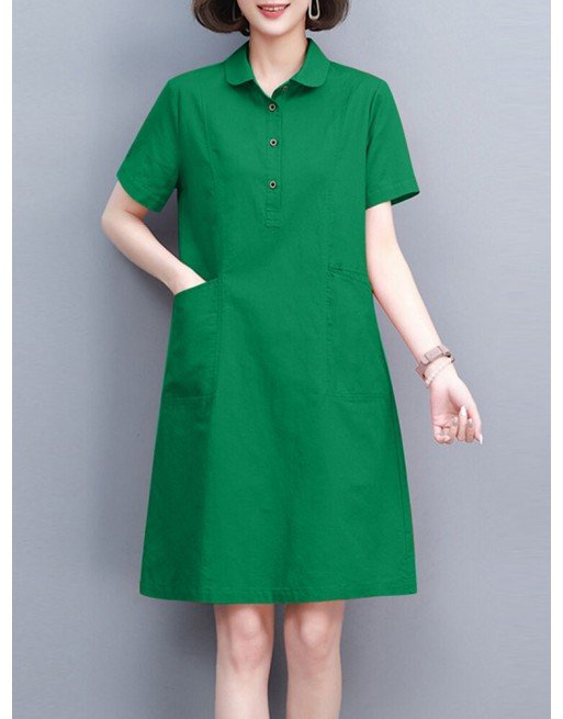 Solid Dual Pocket Short Sleeve Lapel Casual Shirt Dress