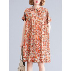 Women Allover Paisley Print Lapel Ethnic Short Sleeve Dress