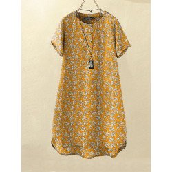 Women Ditsy Floral Print Quarter Button Short Sleeve Dress