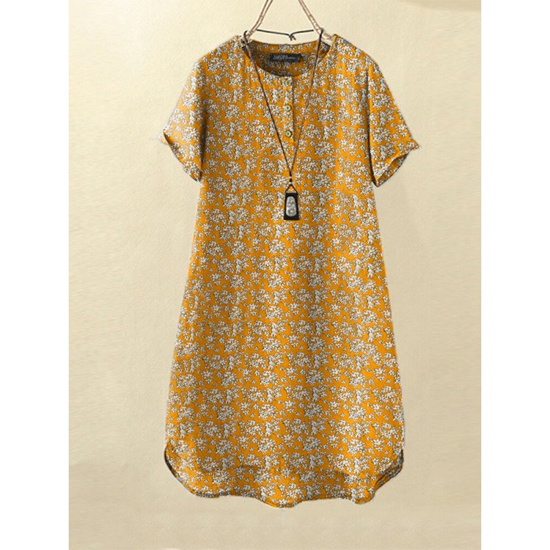 Women Ditsy Floral Print Quarter Button Short Sleeve Dress