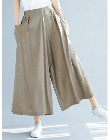 Casual Solid Color Plus Size Wide Leg Pants with Pockets