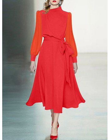 Contrast Puff Sleeve A-line Stand Collar Dress With Belt