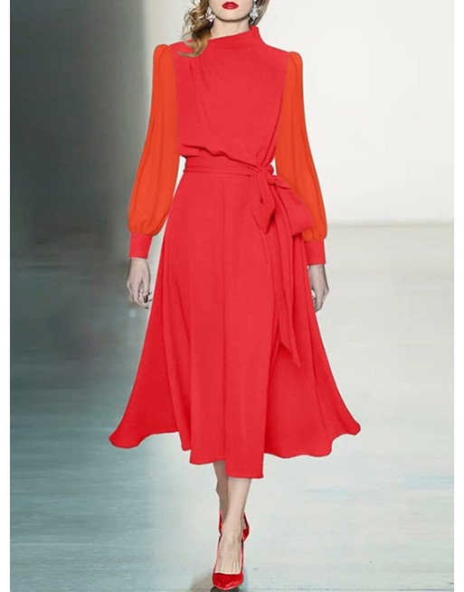 Contrast Puff Sleeve A-line Stand Collar Dress With Belt