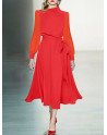 Contrast Puff Sleeve A-line Stand Collar Dress With Belt