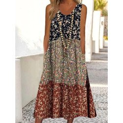 Women Ditsy Floral Print Color Block Patchwork Sleeveless Dress