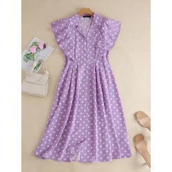 Dot Print Ruffle Sleeve Button Front Lapel Dress