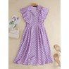 Dot Print Ruffle Sleeve Button Front Lapel Dress
