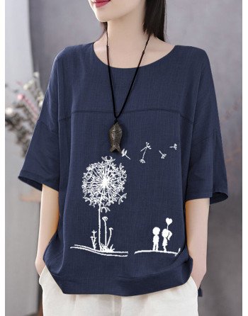 Summer Print Flower Casual Short Sleeve Cotton T-Shirt