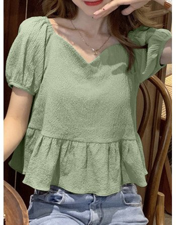 Textured Solid Puff Sleeve V-neck Blouse For Women