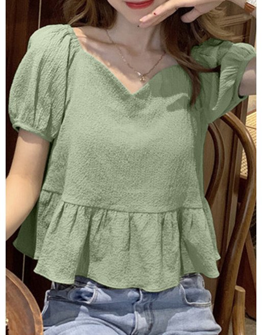 Textured Solid Puff Sleeve V-neck Blouse For Women