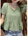 Textured Solid Puff Sleeve V-neck Blouse For Women