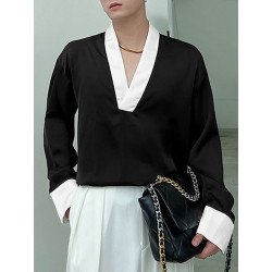 Mens Contrast Patchwork Long Sleeve V-neck T-shirt