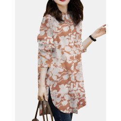 Allover Leaves Print Loose Slit Long Sleeve Button Blouse