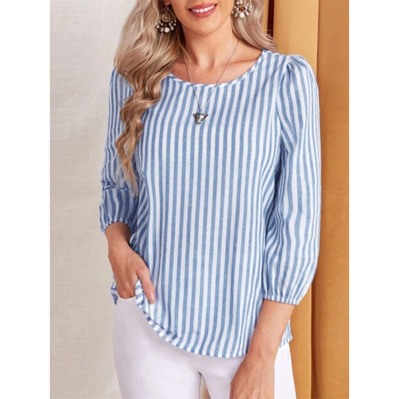 Women Striped Crew Neck Casual Puff Sleeve Blouse