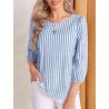 Women Striped Crew Neck Casual Puff Sleeve Blouse