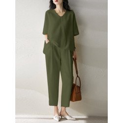 Women Solid Half V-neck Pocket Two Pieces Suit