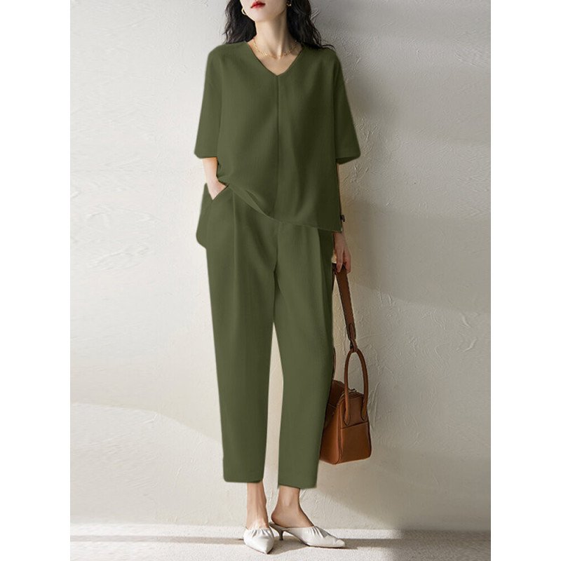 Women Solid Half V-neck Pocket Two Pieces Suit