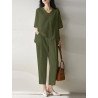 Women Solid Half V-neck Pocket Two Pieces Suit