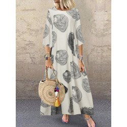 Women Print Crew Neck 3/4 Sleeve Vintage Dress